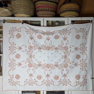 Intricate, Hand Stitched Vintage Floral Cross Stitch Linen Tablecloth 56" X 43"